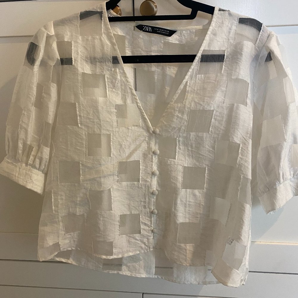 Zara White Checkered Top with Button Closure